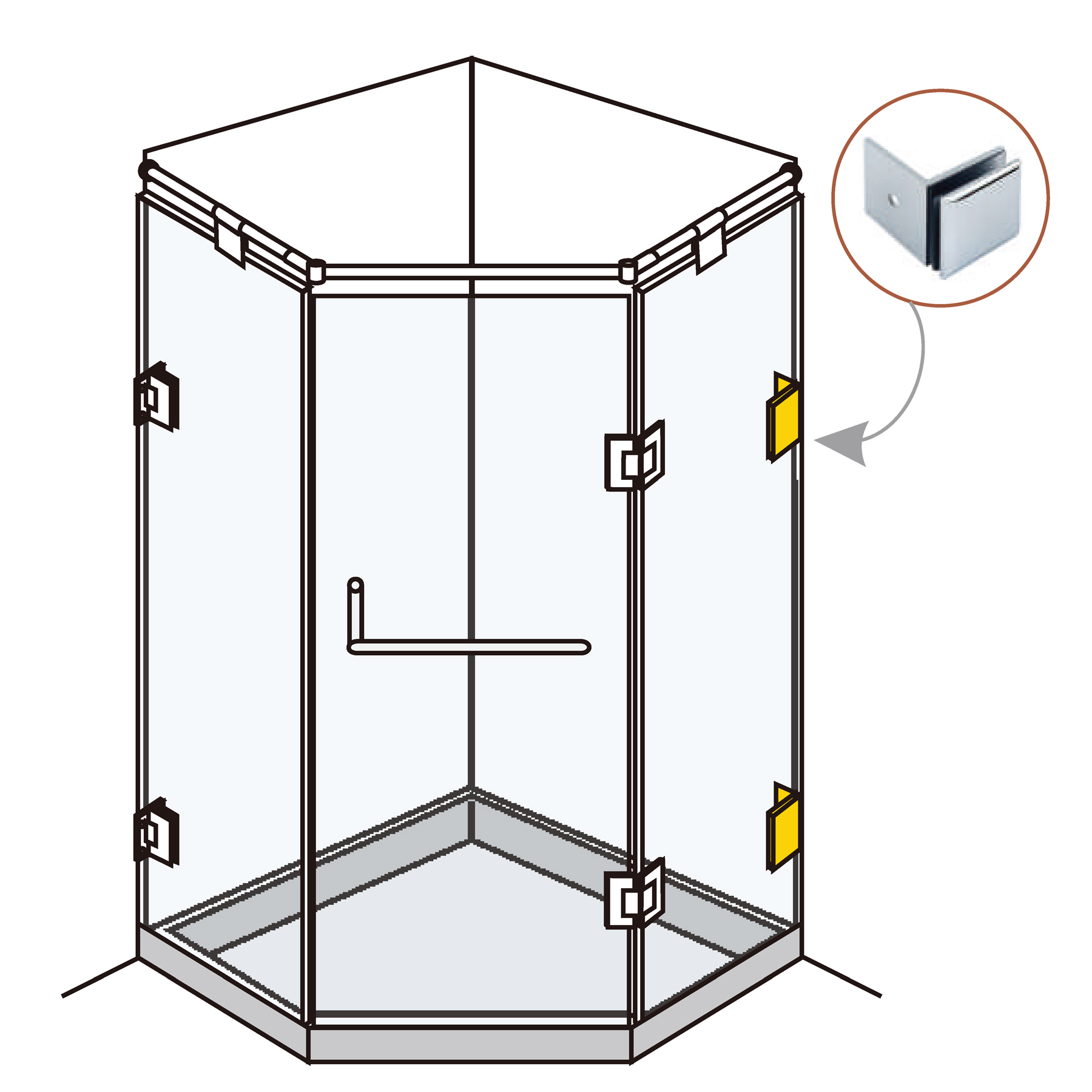 Glass Clamp Glass-Wall 90° For Pentagonal Shower Enclosures - Image 3
